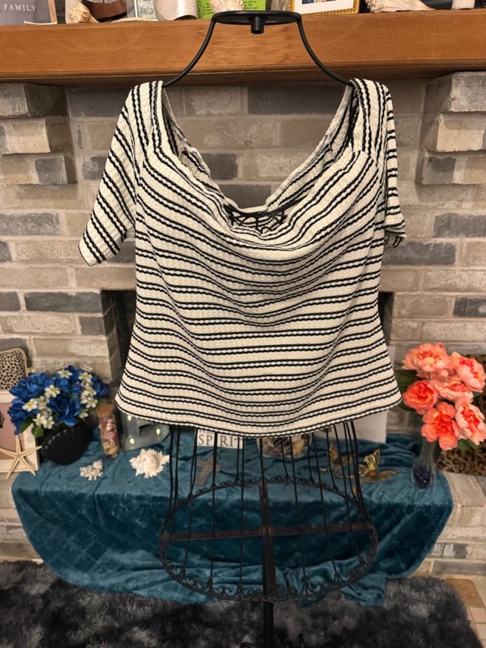 SHEIN Curve Black & Cream Striped Knit Off the Shoulder Tee
